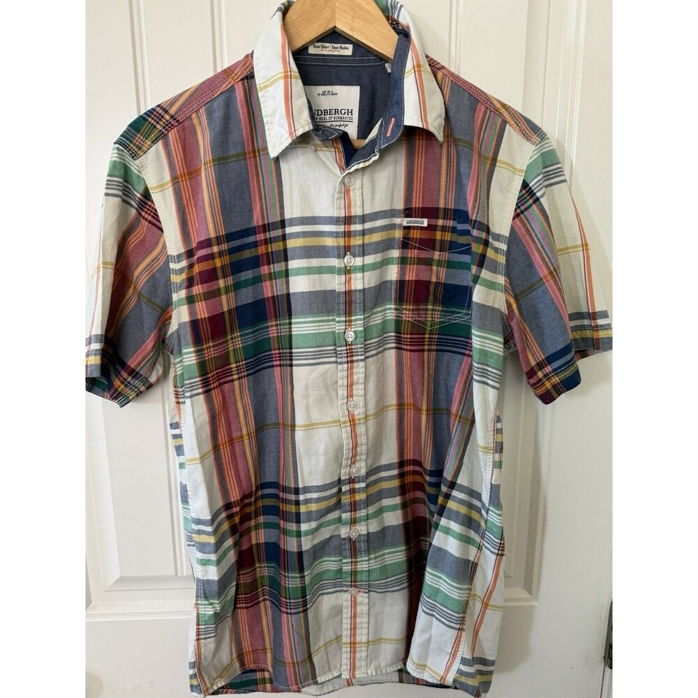 Lindbergh Men's Short Sleeve Button Shirt Multicolored Plaid M Pocket
